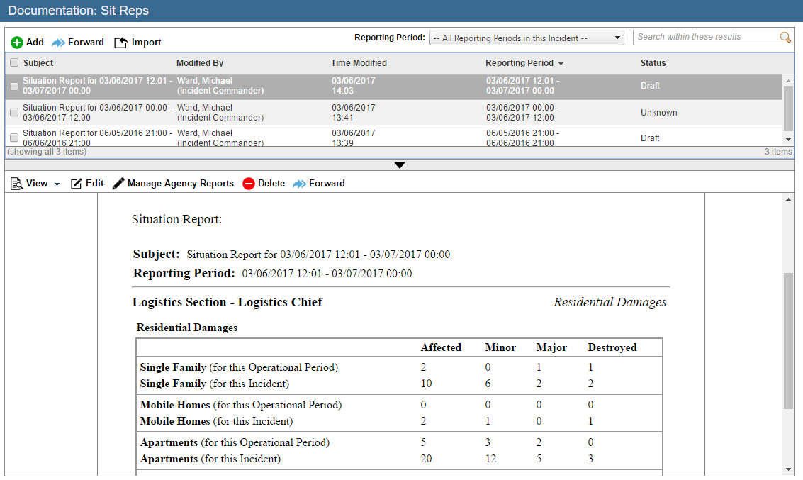 situation report in DLAN ICS